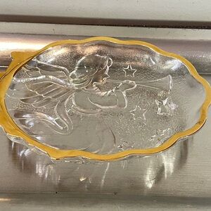 Vintage Gold Rim Clear Crystal Candy Dish Embossed with Angel Blowing a Horn